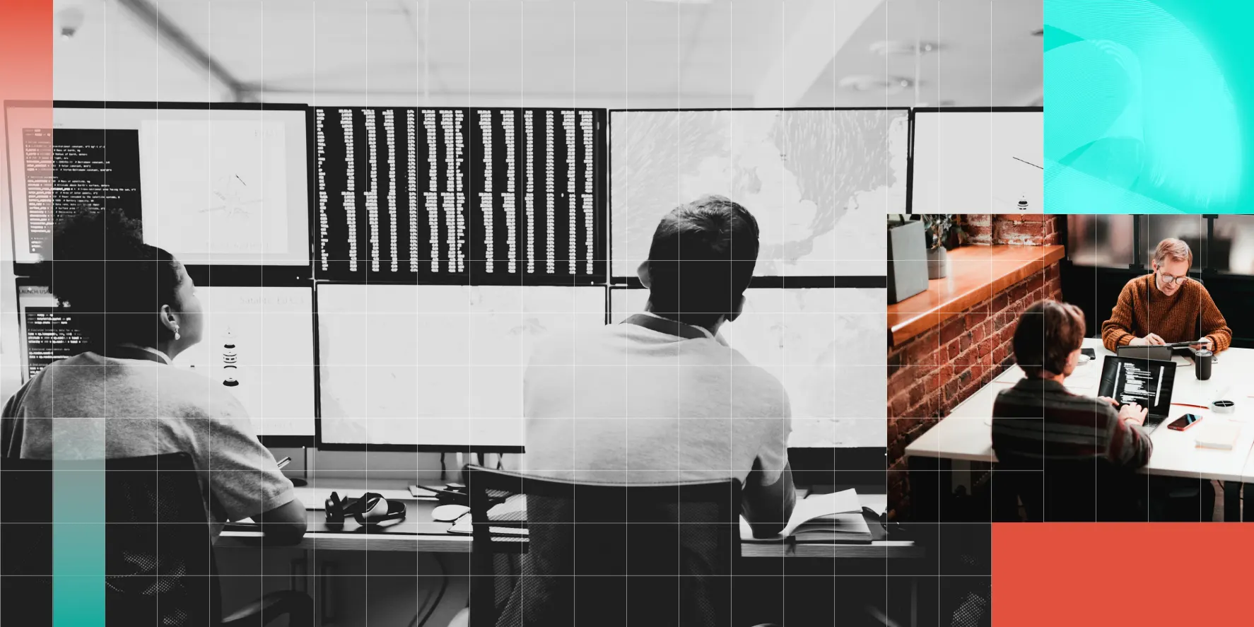Enterprise platform team reviewing systems on a wall of monitors